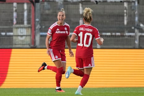 Bayern's Giulia Gwinn (left) celebrates with Linda Dallmann after opening the scoring against Manchester City.
