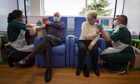 Patients receive the Pfizer/BioNTech Covid-19 vaccine at Basildon University hospital, Essex, December 2020