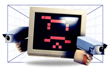 Illustration of a computer holding out two CCTV cameras with big eyeballs on them