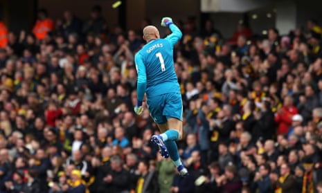 Watford goalkeeper Heurelho Gomes celebrates after Etienne Capoue (not pictured) scores his side’s first goal of the game.