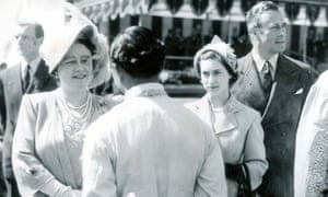 Queen Elizabeth accompanied by Princess Margaret and Lord Mountbatten