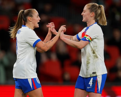 Georgia Stanway (left) celebrates with Keira Walsh after scoring England's fourth goal.