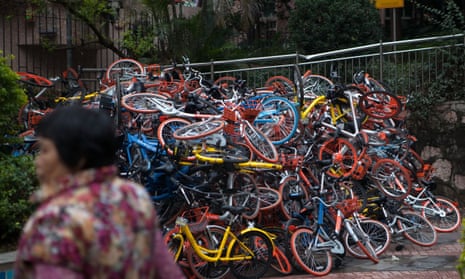The huge pile of more than 500 for-hire bikes found dumped in Shenzhen.