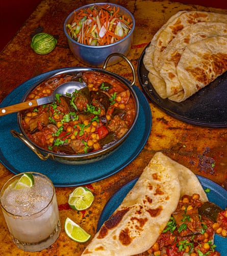 Aubergine curry, coleslaw and roti from Marie Mitchell.