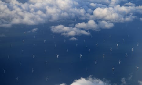 Burbo Bank offshore windfarm in Liverpool Bay, seen from the the window of an aircraft flying over the Irish Sea.