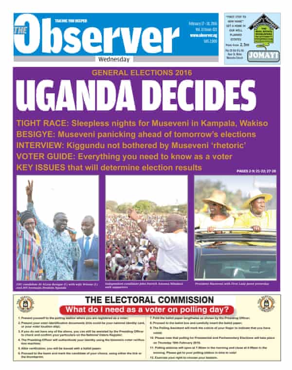 The front page of the Kampala-based Observer newspaper on the eve of national election day