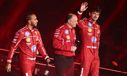 Lewis Hamilton and Charles Leclerc flank Ferrari’s French team principal Frederic Vasseur.