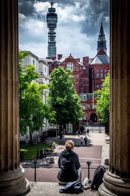 A student looking towards UCL’s Cruciform Building, the BT Tower and Fitzrovia.