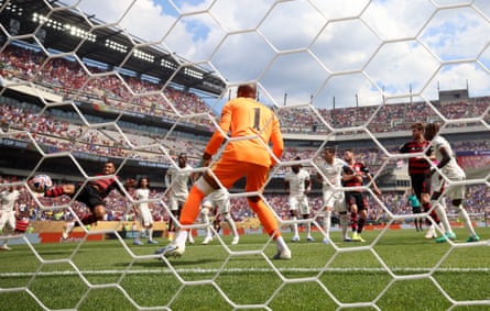 The view from behind the goal as Danilo scores Flamengo’s second goal past Chelsea's Robert Sánchez.