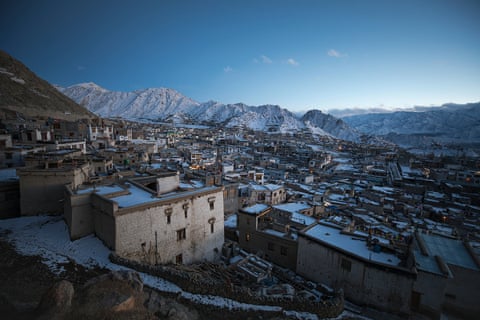 View of a snowy Leh, India