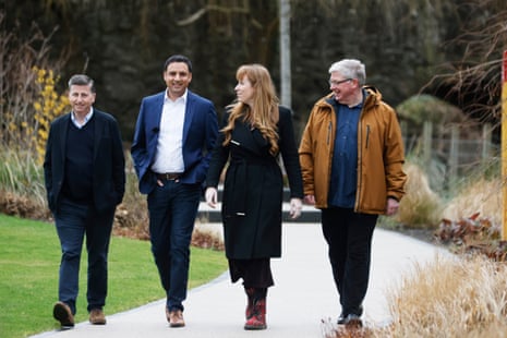 Douglas Alexander, Scottish Labour leader Anas Sarwar, deputy prime minister Angela Rayner and Martin Whitfield MSP visit a distillery in East Lothian, Scotland, in 2024.
