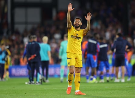 Matheus Cunha waves to Wolves fans after their defeat at Crystal Palace on 20 May 2025.