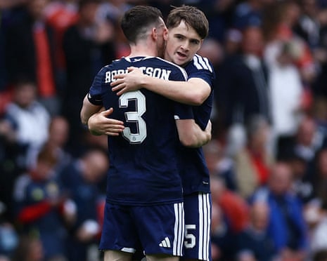Scotland's Findlay Curtis celebrates scoring their equaliser with Andrew Robertson.