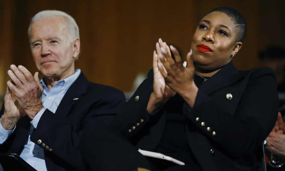 Joe Biden and Symone Sanders in Iowa City, Iowa, in January 2020.