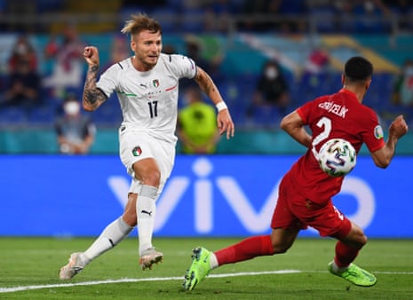 Ciro Immobile of Italy scores their second goal.