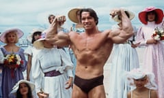 ‘Very possibly the most perfectly developed man in the history of the world’ … Arnold Schwarzenegger promoting the docudrama Pumping Iron, inspired by Charles Gaines’s book, at the 1977 Cannes film festival. 