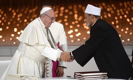 Pope Francis and Sheikh Ahmed al-Tayeb in Abu Dhabi on Monday.