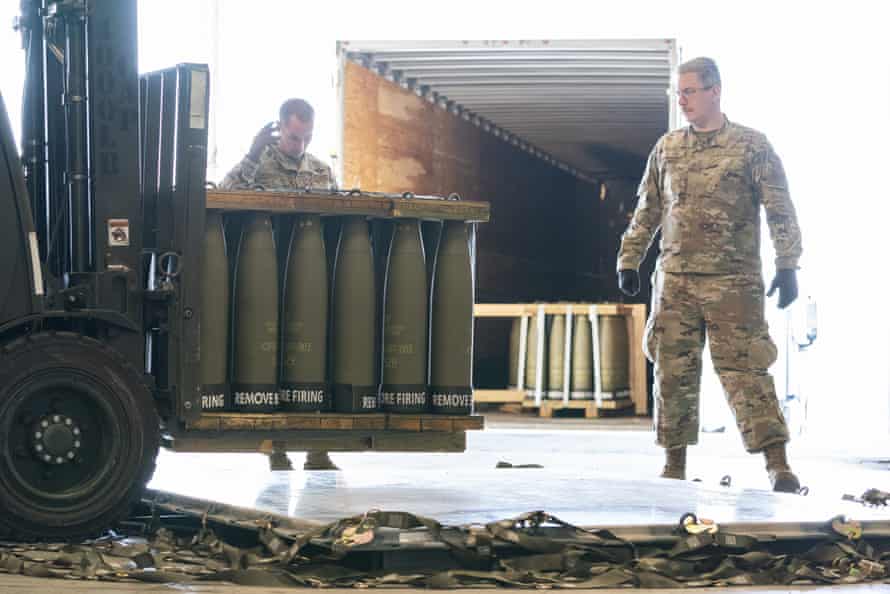 Russia-Ukraine war: US damns Putin’s ‘cruelty and depravity’; Zelenskiy questions lack of powerful response to ‘humiliation’ of UN in Kyiv – live | Ukraine 2 Airmen with the 436th Aerial Port Squadron place 155 mm shells on aircraft pallets ultimately bound for Ukraine on Friday at Dover Air Force Base, Delaware.