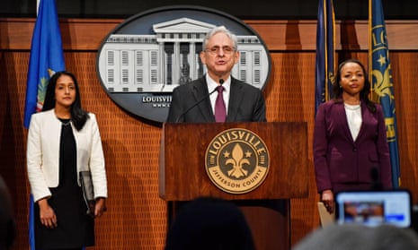 Merrick Garland, the attorney general, with Vanita Gupta and Kristen Clarke in Louisville on Wednesday.