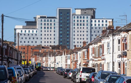 New student accommodation towering over terrace housing
