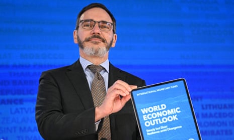 Chief Economist Pierre-Olivier Gourinchas holds the IMF's World Economic Outlook during a press briefing today.