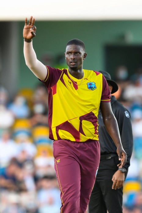 Jason Holder of West Indies celebrates the dismissal of Eoin Morgan of England.