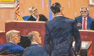 Donald Trump watches as prosecutor Joshua Steinglass questions David Pecker during Trump's criminal trial on 25 April.