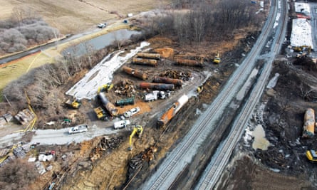 A scene at the site of a derailed train carrying hazardous waste in East Palestine, Ohio.