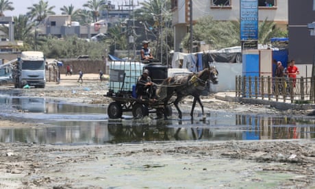 یک ماشین اسب در 16 ژوئیه 2024 در دیرالباله غزه از خیابانهای پر از فاضلاب نشتشده عبور میکند. محاصره اسرائیل و جنگ خدمات زیربنایی را در شهر متوقف کرده است.