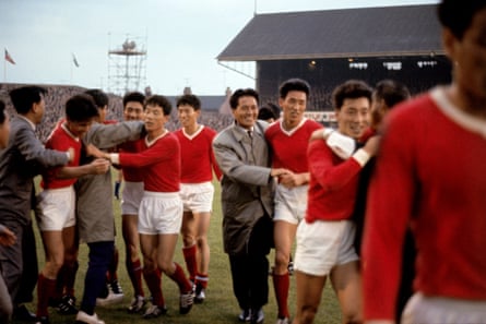 Jubilant North Korea players leave the Ayresome Park pitch after their 1-0 win over Italy in 1966.