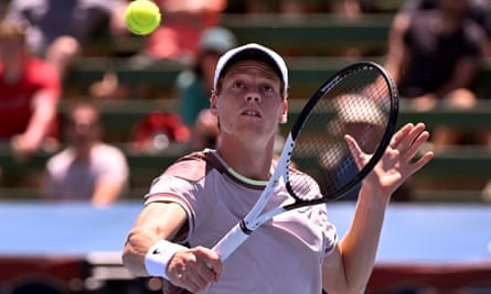 Jannik Sinner of Italy hits a return during his men’s singles match against Norway’s Casper Ruud at the Kooyong Classic