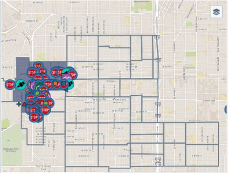 A 2017 LAPD map showing stops and missions at the Crenshaw and Slauson intersection.