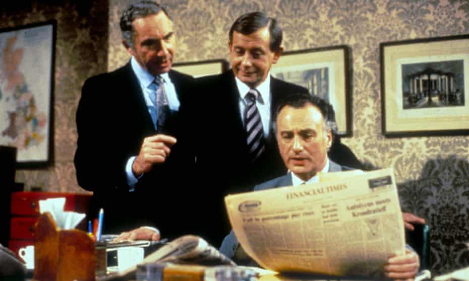 Sir Humphrey (left) and his junior Bernard Woolley enlighten PM Jim Hacker in a scene from Yes, Prime Minister ...