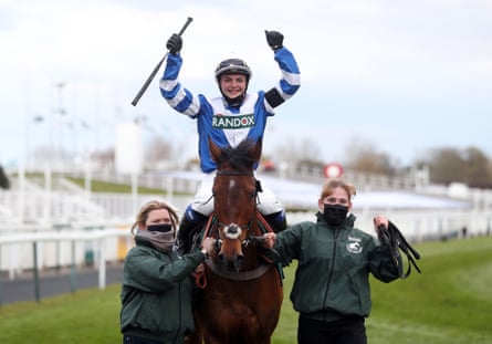 Megan Nicholls celebrates winning on Knappers Hill at Sandown