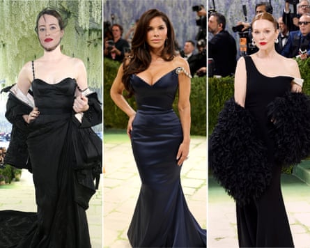 Composite of Claire Foy, Lauren Sánchez Bezos and Julianne Moore in sleek back dresses