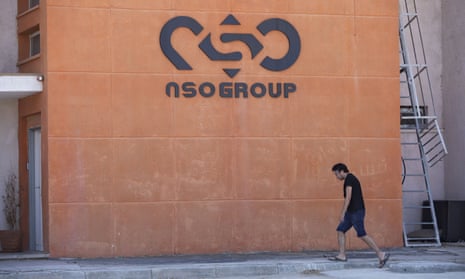 The NSO Group logo is seen on a wall at a company site near the southern Israeli town of Sapir
