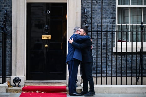 Prime Minister of the United Kingdom Sir Keir Starmer greets President of Ukraine Volodymyr Zelenskyy outside 10 Downing Street in London.