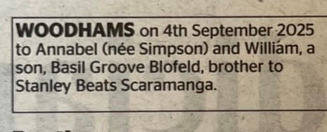 Announcement in the times of the birth of a kid called basil groove blofeld, brother to stanley beats scaramanga