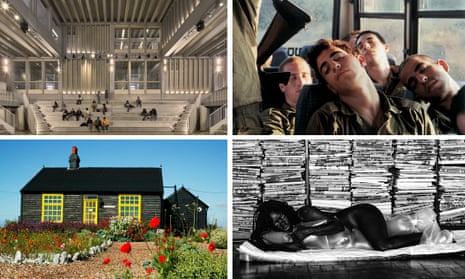 Clockwise from top left, Kingston University’s Town House by Grafton Architect, an image by Adi Nes as part of the Barbican exhibition Masculinities, a portrait by Zanele Muholi and Derek Jarman’s house in Dungeness.