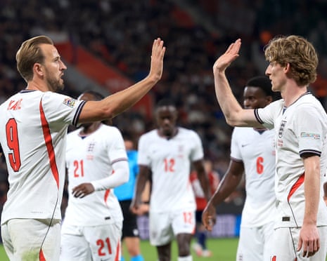 Harry Kane celebrates with Anthony Gordon after scoring EnglandâÂÂs second goal against Czechia.
