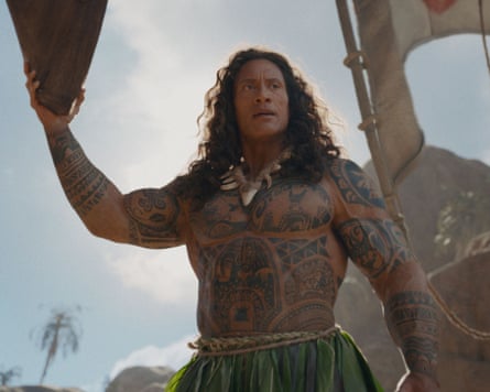 Dwayne “The Rock” Johnson as a topless and muscular demigod in Moana.