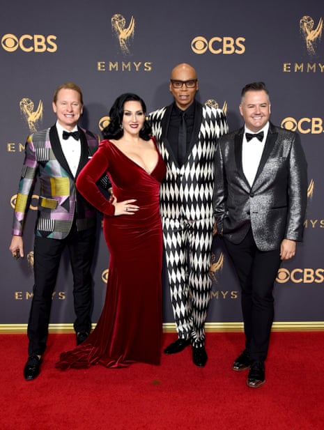 Michelle Visage (second from left) with Carson Kressley, RuPaul and Ross Mathews at the Emmy awards in 2017.