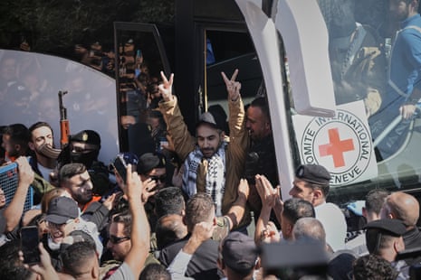 Palestinian prisoners are greeted after being released from Israeli prison after the ceasefire agreement between Israel and Hamas.