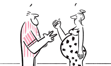 Illustration of  pregnant woman doing paper, rock, scissors with man