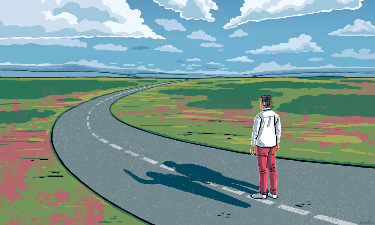 An illustration of a lone figure standing in the middle of an empty road, land stretching either side