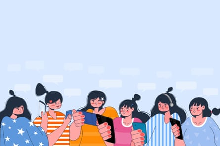 Illustration of a six women, smiling and looking at their phones, on a blue background.