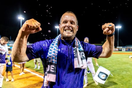 LSU Shreveport head coach Brad Neffendorf reacts after he was doused by his players on Friday night.