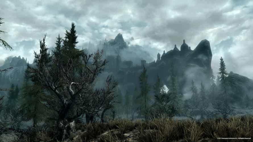 View of the city of Solitude from the marshes in the game Elder Scrolls V: Skyrim
