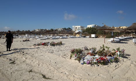 Floral tributes on the beach at the hotel in Sousse, Tunisia