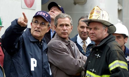 Giuliani with Bush and fire commissioner Thomas Van Essen just after the 9/11 attacks in 2001.